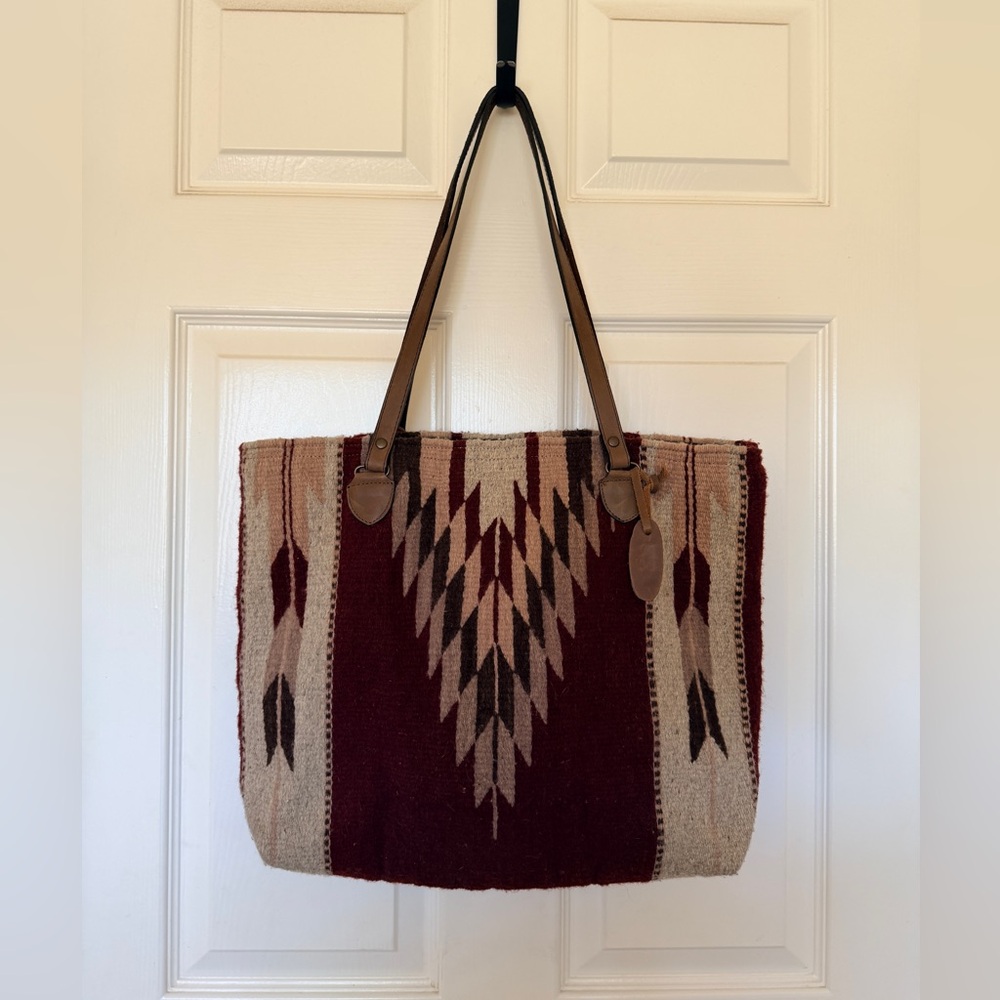 Stylish Brown and Red MZ Manos Zapotecas Native Wool Tapestry Tote Bag